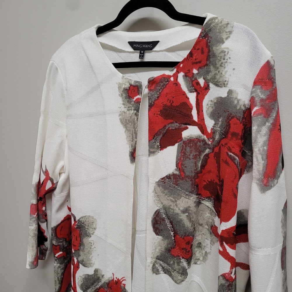 Ming Wang Womens 1X White Red Floral Abstract Knit Cardigan Hook Eye Closure - Picture 2 of 6